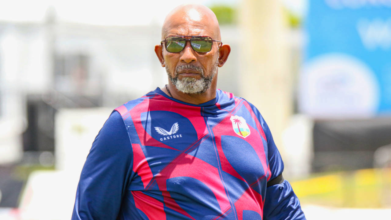 Phil Simmons walks on the outfield during the innings break, West Indies vs India, 4th T20I, Lauderhill, August 6, 2022