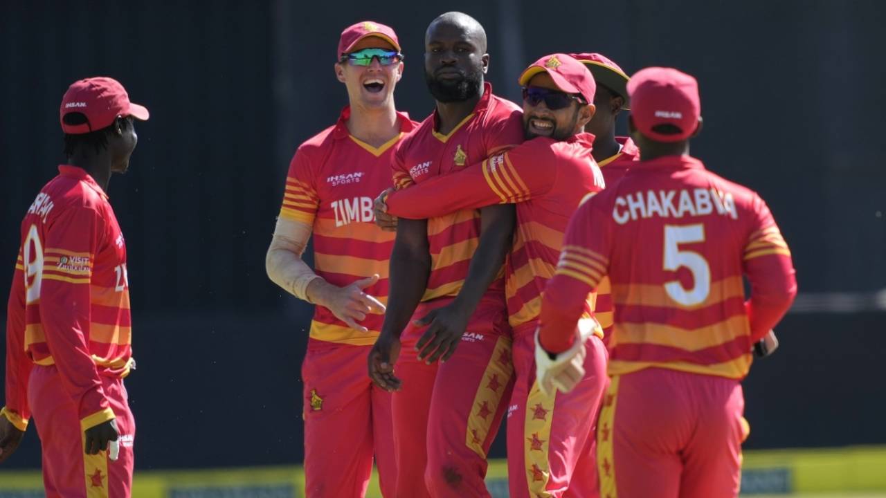 The Zimbabwe players celebrate after Tanaka Chivanga got rid of Tamim Iqbal for 50, Zimbabwe vs Bangladesh, 2nd ODI, Harare, August 7, 2022