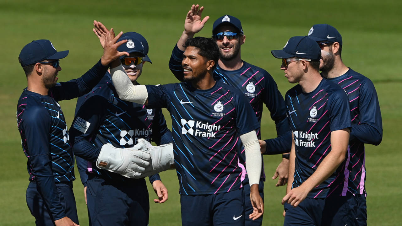 Umesh Yadav took a five-for for Middlesex, Durham vs Middlesex, Riverside, Royal London Cup, August 7, 2022