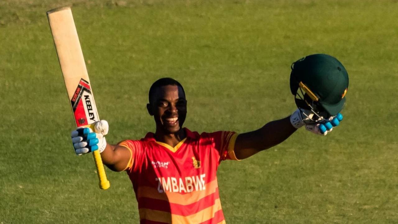 Regis Chakabva celebrates his maiden ODI century, Zimbabwe vs Bangladesh, 2nd ODI, Harare, August 7, 2022