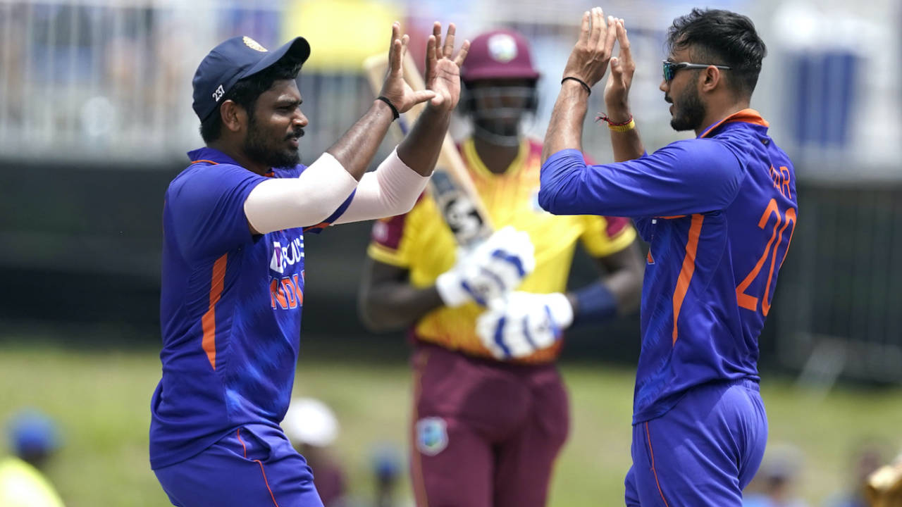 Axar Patel, after dismissing Jason Holder, celebrates with Sanju Samson, West Indies vs India, 5th T20I, Lauderhill, August 7, 2022
