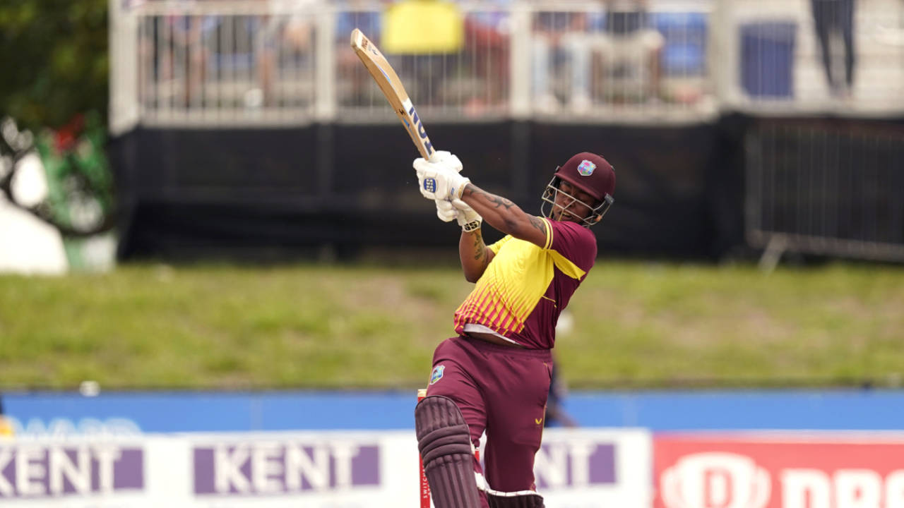 Shimron Hetmyer hits out on his way to 56 off 35, West Indies vs India, 5th T20I, Lauderhill, August 7, 2022
