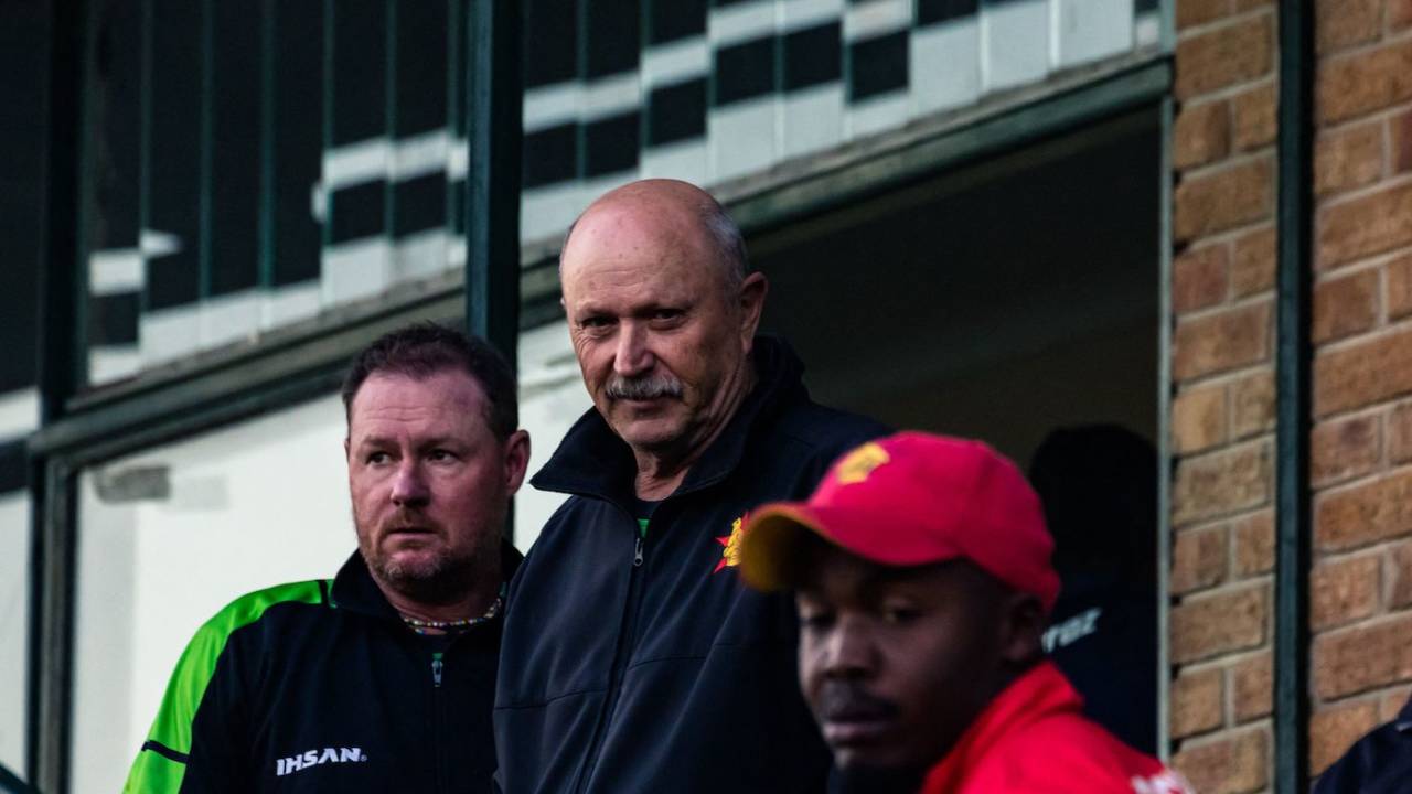 Zimbabwe head coach Dave Houghton and batting coach Lance Klusener watch proceedings after his team's series-sealing chase