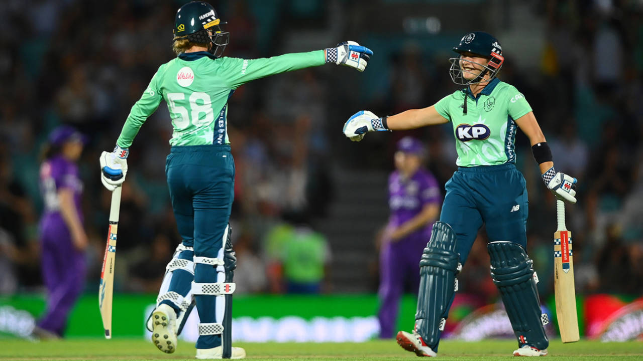 Lauren Winfield-Hill and Alice Capsey celebrating after completing victory, Oval Invincibles vs Northern Superchargers, Women's Hundred, Kia Oval, August 11, 2022