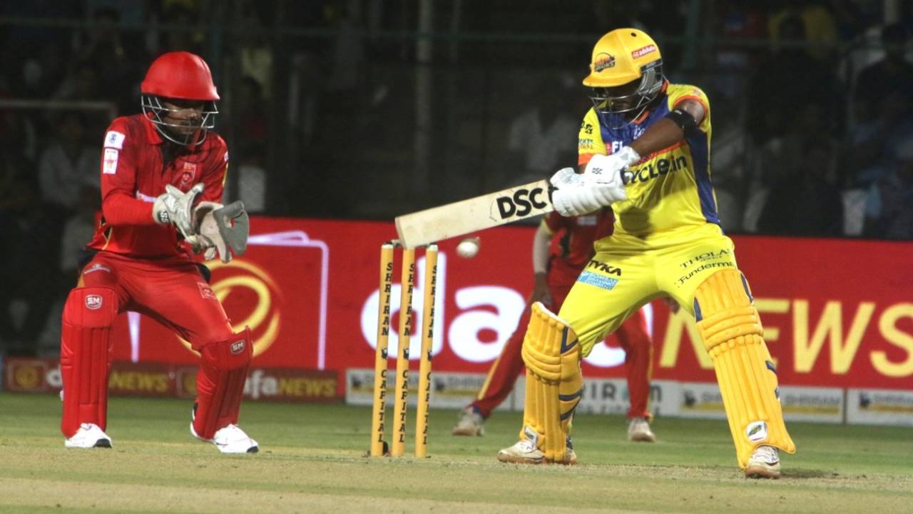 Nihal Ullal plays the cut, Maharaja T20 Trophy 2022, Mysuru Warriors v Mangalore United, Mysore, August 8, 2022 