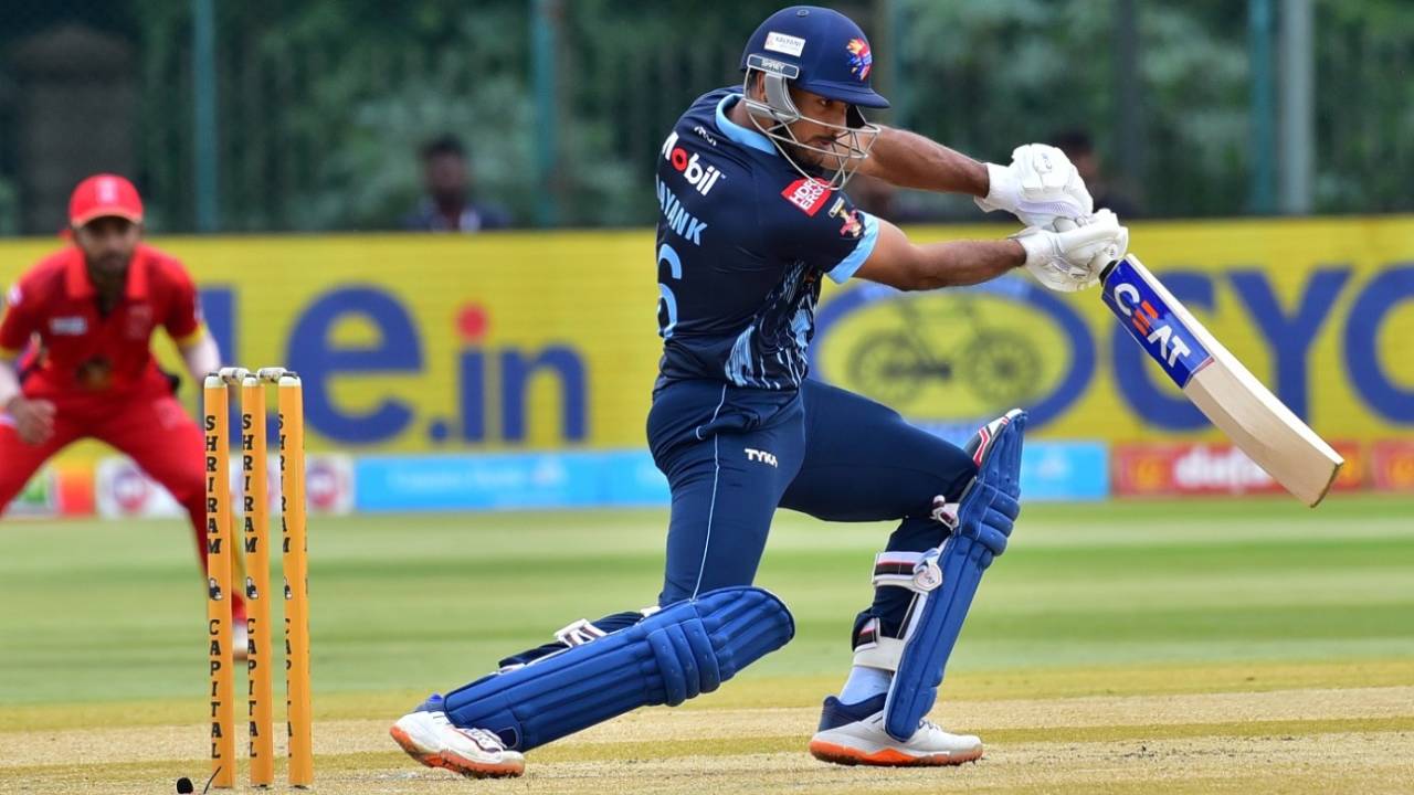 Mayank Agarwal works one away through the off side, Maharaja T20 Trophy 2022, Bengaluru Blasters v Mangalore United, Mysore, August 11, 2022 