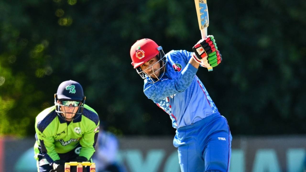 Rahmanullah Gurbaz hits down the ground, Ireland vs Afghanistan, 3rd T20I, Belfast, August 12, 2022