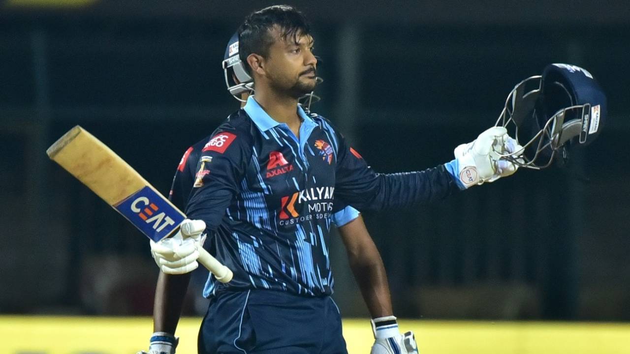 Mayank Agarwal is a picture of satisfaction after bringing up his ton, Maharaja T20 Trophy 2022, Bengaluru Blasters v Shivamogga Strikers, Mysore, August 12, 2022 