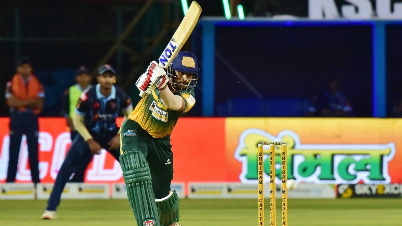 Rohan Kadam drills one through cover, Maharaja T20 Trophy 2022, Bengaluru Blasters v Shivamogga Strikers, Mysore, August 12, 2022 