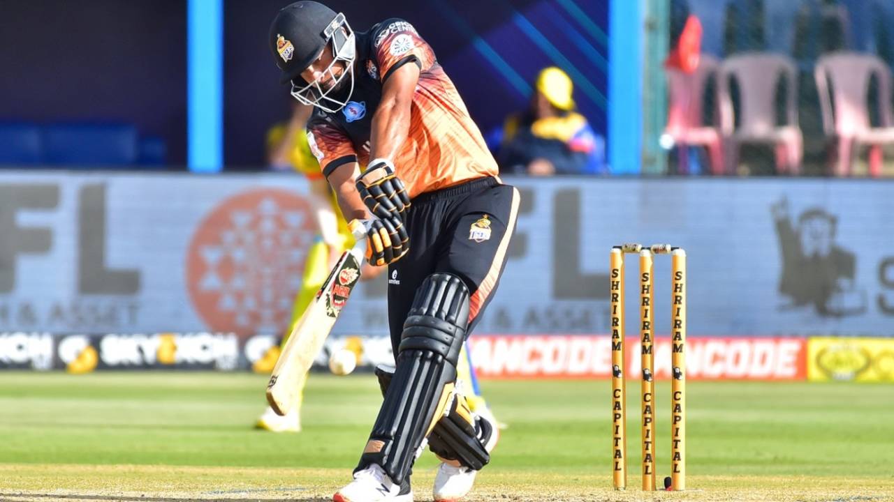 Tushar Singh has a swing at one in his arc, Maharaja T20 Trophy 2022, Mysuru Warriors v Hubli Tigers, Mysore, August 10, 2022 