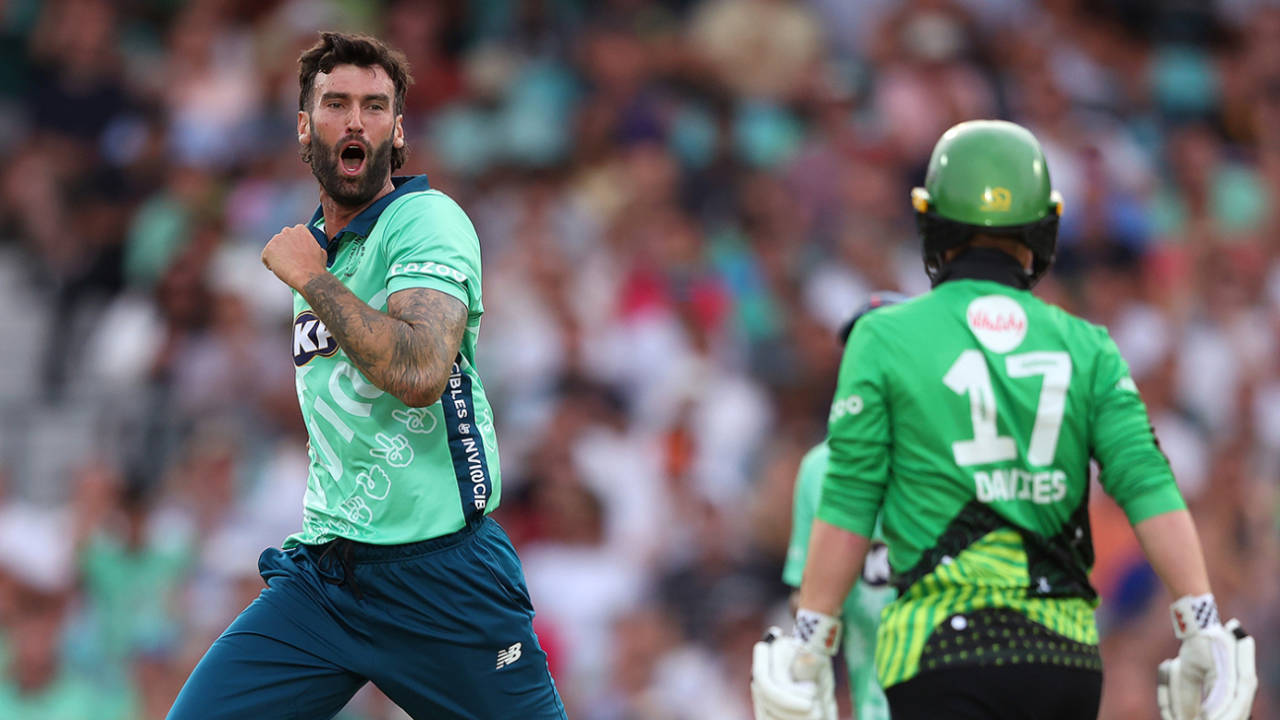 Reece Topley celebrates taking the wicket of Alex Davies, Men's Hundred, Oval Invincibles vs Southern Brave, The Kia Oval, August 14, 2022