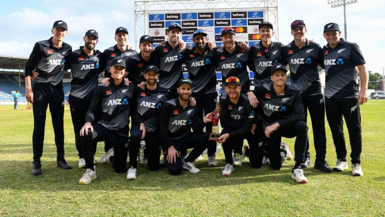 The New Zealand team poses with the trophy after winning the T20I series against West Indies, West Indies vs New Zealand, 3rd T20I, Kingston, August 14, 2022