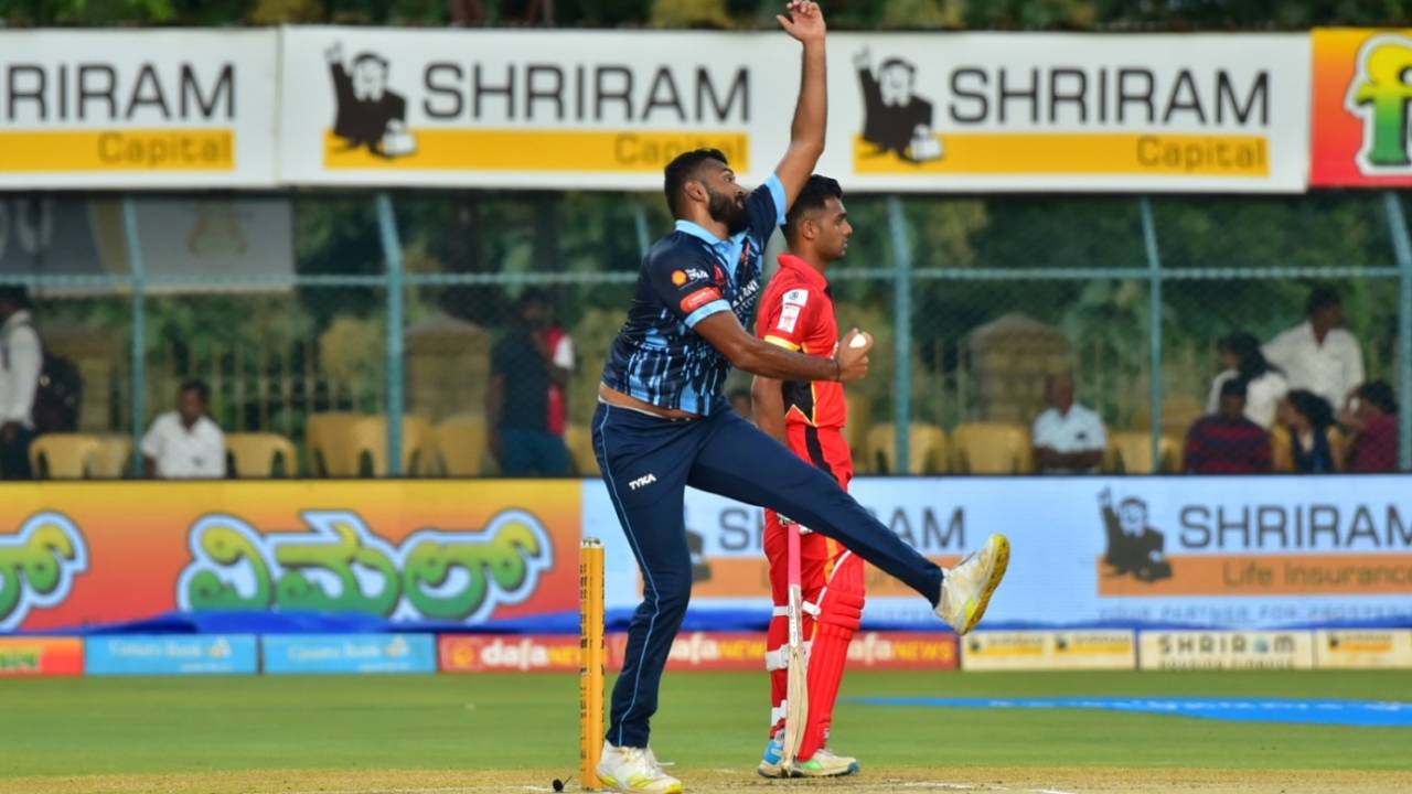 Rishi Bopanna has been one of the consistent performers with the ball for his team, Maharaja T20 Trophy 2022, Mangalore United v Bengaluru Blasters, Mysore, August 15, 2022 
