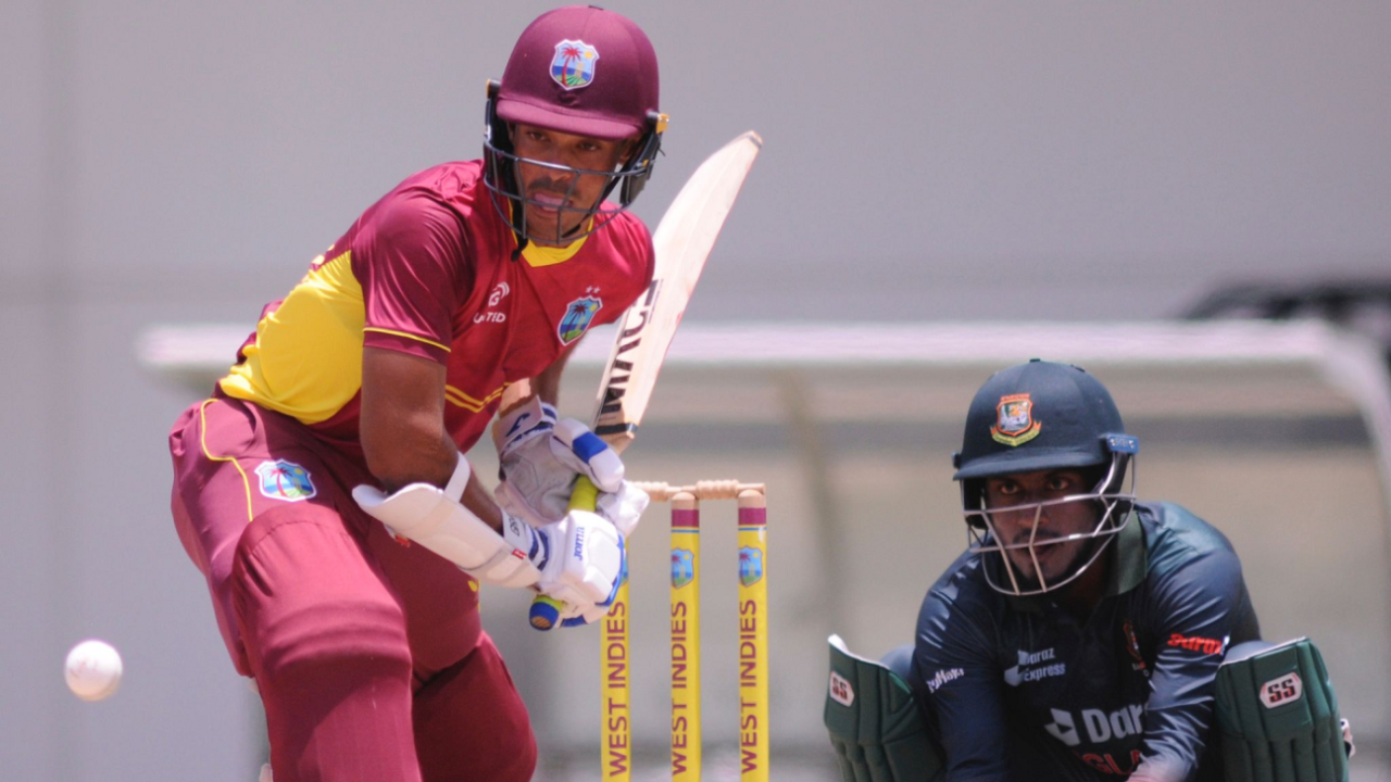 Tagenarine Chanderpaul gets ready to face a ball as wicketkeeper Jaker Ali looks on, West Indies A vs Bangladesh A, 1st unofficial ODI, Gros Islet, August 16, 2022