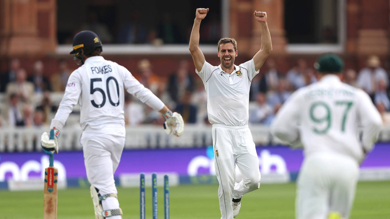Anrich Nortje celebrates taking the wicket of Ben Foakes, England vs South Africa, 1st LV= Insurance Test, Lord's, August 17, 2022