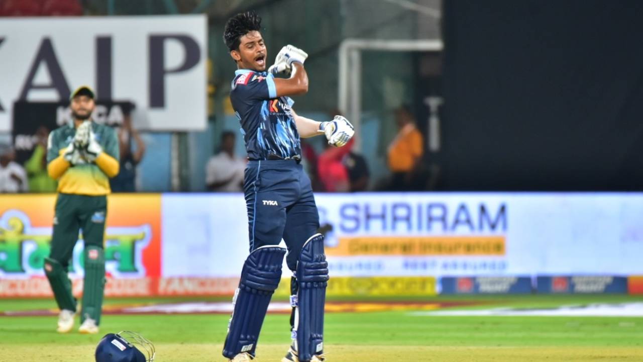 Chethan LR celebrates his century, Maharaja T20 Trophy 2022, Bengaluru Blasters vs Shivamogga Strikers, Bengaluru, August 17, 2022 