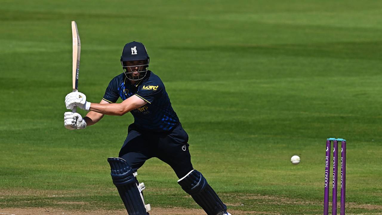 Will Rhodes of Warwickshire scores more runs during the Royal London One Day Cup match between Warwickshire and Sussex Sharks at Edgbaston on August 12, 2022 in Birmingham, England.