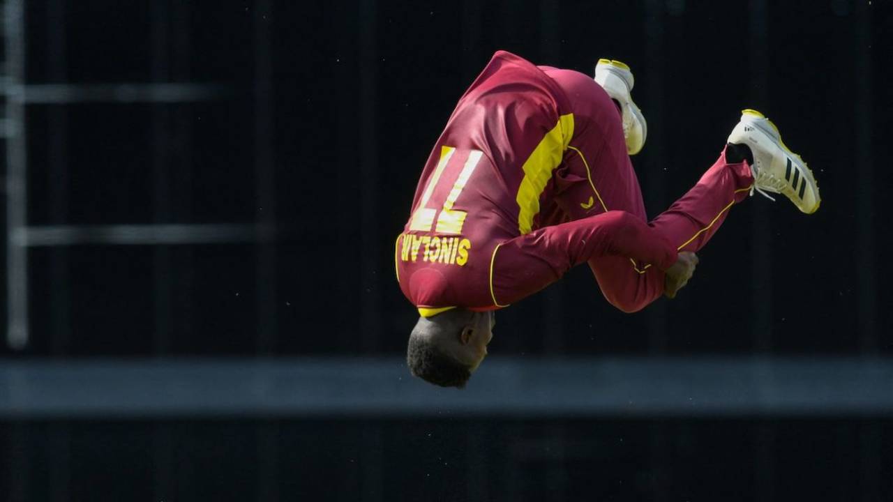 Kevin Sinclair commemorates his first wicket with gravity-defying acrobatics, West Indies vs New Zealand, 1st ODI, Bridgetown, August 17, 2022
