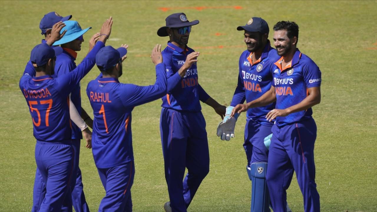 Deepak Chahar celebrates a wicket with team-mates, Zimbabwe vs India, 1st ODI, Harare, August 18, 2022