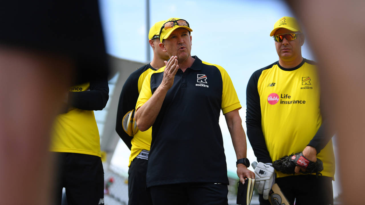Andy Flower addresses Trent Rockets' huddle, Trent Rockets vs Birmingham Phoenix, The Men's Hundred, Trent Bridge, August 6, 2022