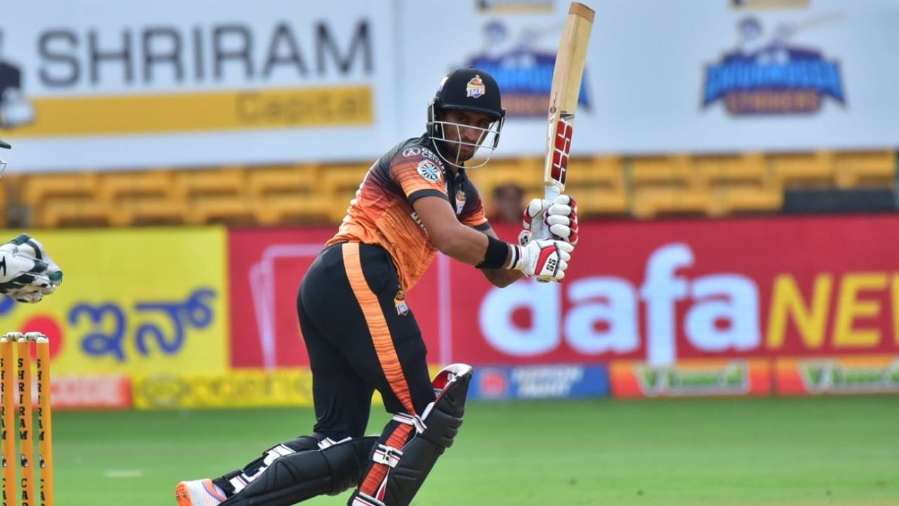 Luvnith Sisodia works one away towards fine leg, Maharaja T20 Trophy 2022, Hubli Tigers vs Shivammoga Strikers, Bengaluru, August 19, 2022 