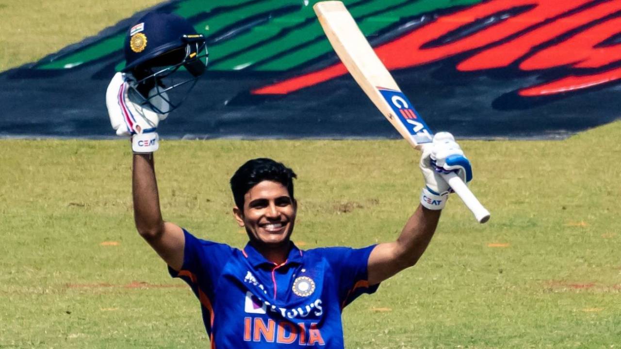 Shubman Gill celebrates after bringing up his first ODI century, Zimbabwe vs India, 3rd ODI, Harare, August 22, 2022