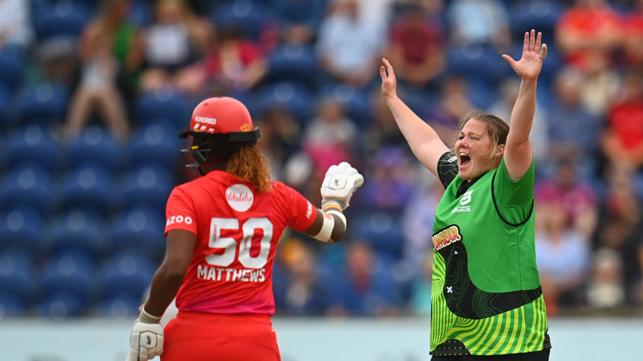 Anya Shrubsole appeals for a wicket, Welsh Fire vs Southern Brave, Women's Hundred, Cardiff, August 22, 2022