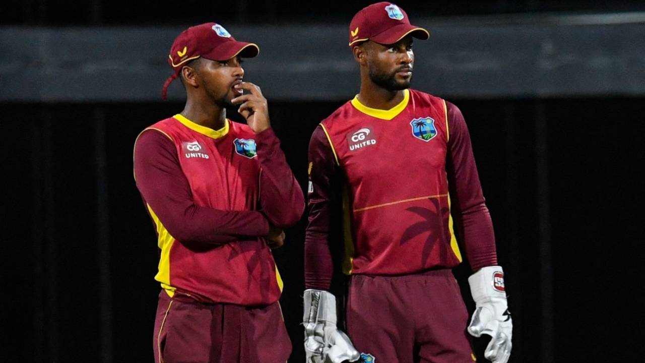 Nicholas Pooran and Shai Hope discuss on the field, West Indies vs New Zealand, 3rd ODI, Bridgetown, August 21, 2022