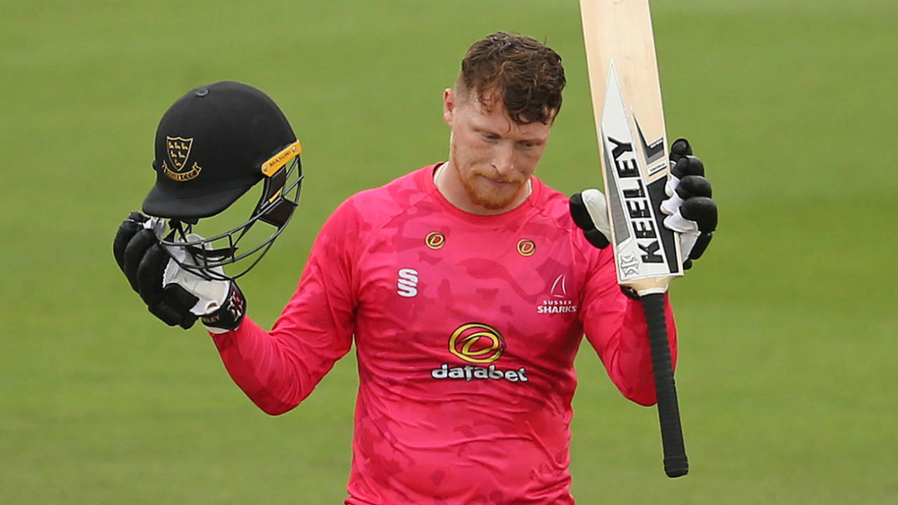 Tom Alsop acknowledges reaching his century, Sussex vs Middlesex, Royal London Cup, Hove, August 23, 2022
