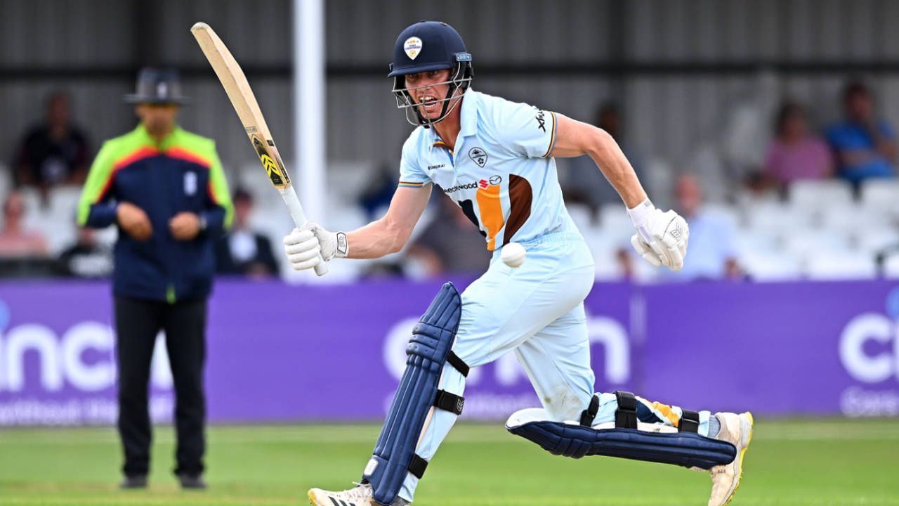 Luis Reece dashes a single in Derbyshire's run chase, Northamptonshire v Derbyshire, Royal London Cup, Northampton, August 23, 2022