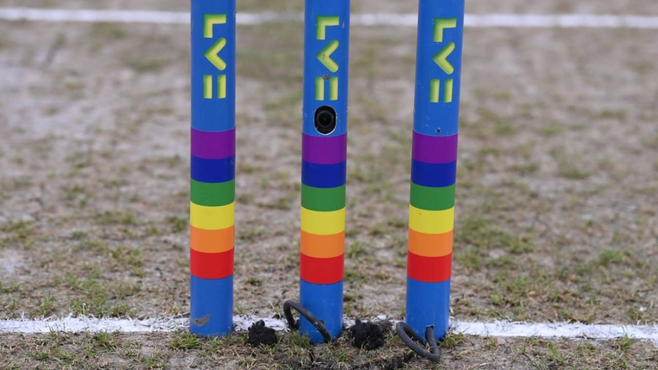 The stumps at Old Trafford display the ECB's support for the Stonewall Rainbow Laces campaign to encourage LGBTQ+ participation in cricket, England vs South Africa, 2nd Test, Old Trafford, 1st day, August 25, 2022