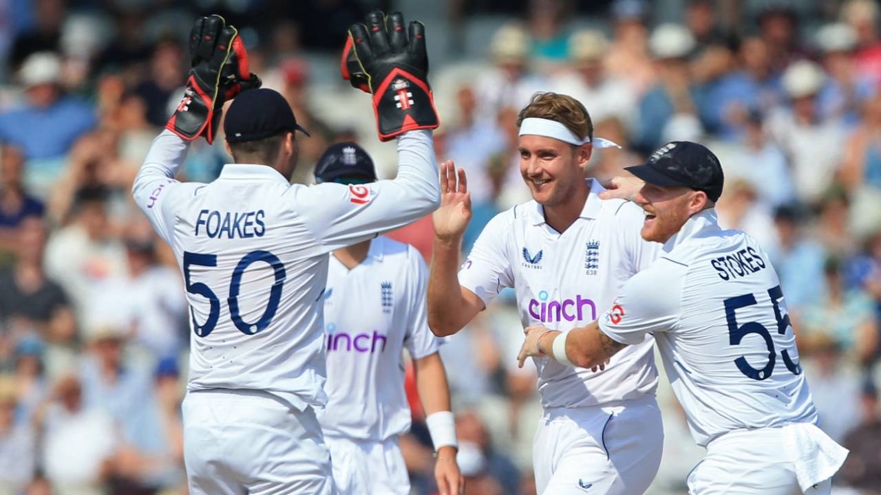 Ben Stokes celebrates with Stuart Broad after the wicket of Aiden Markram&nbsp;&nbsp;&bull;&nbsp;&nbsp;AFP/Getty Images