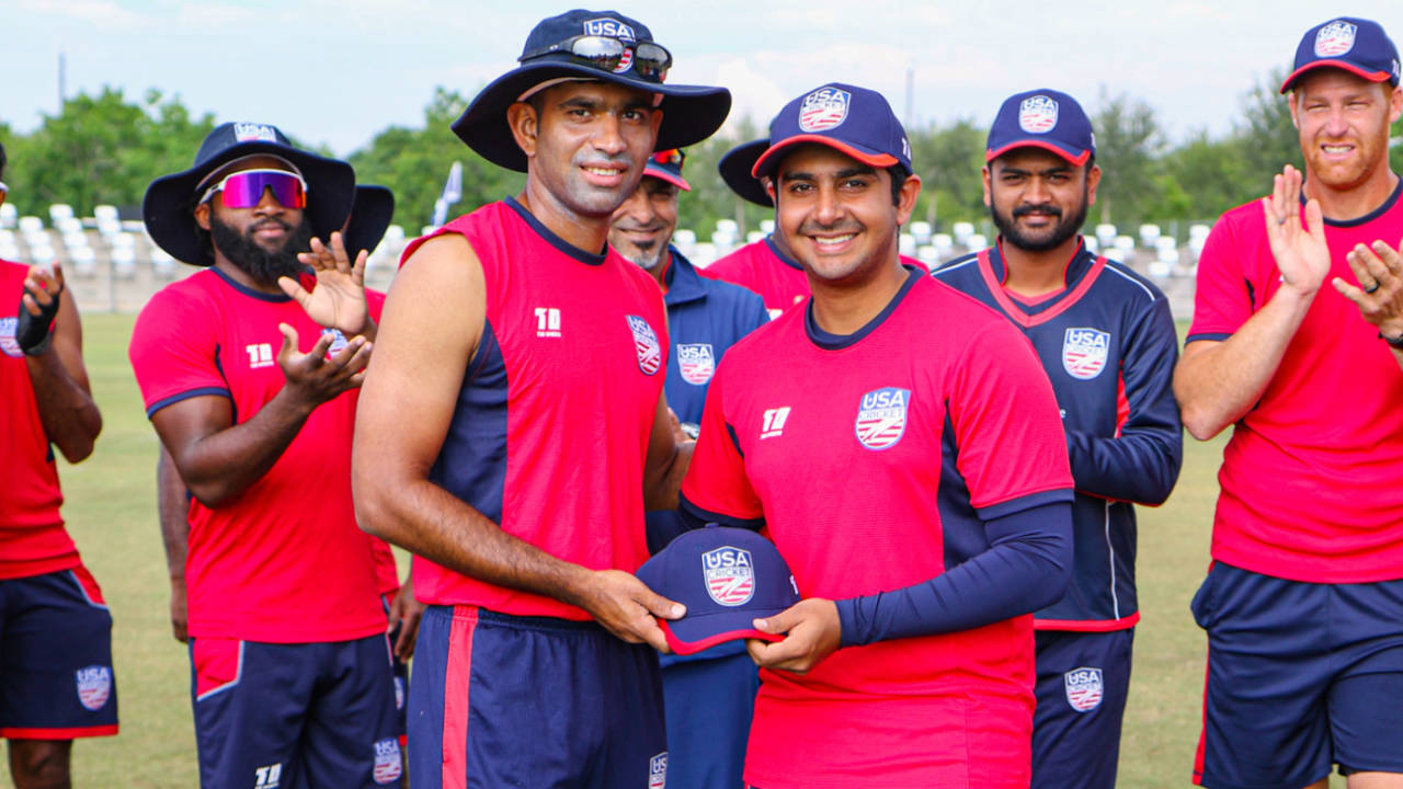 Rahul Jariwala receives his USA debut cap from Saurabh Netravalkar, USA v United Arab Emirates, ICC Men's Cricket World Cup League Two, Pearland, June 4, 2022