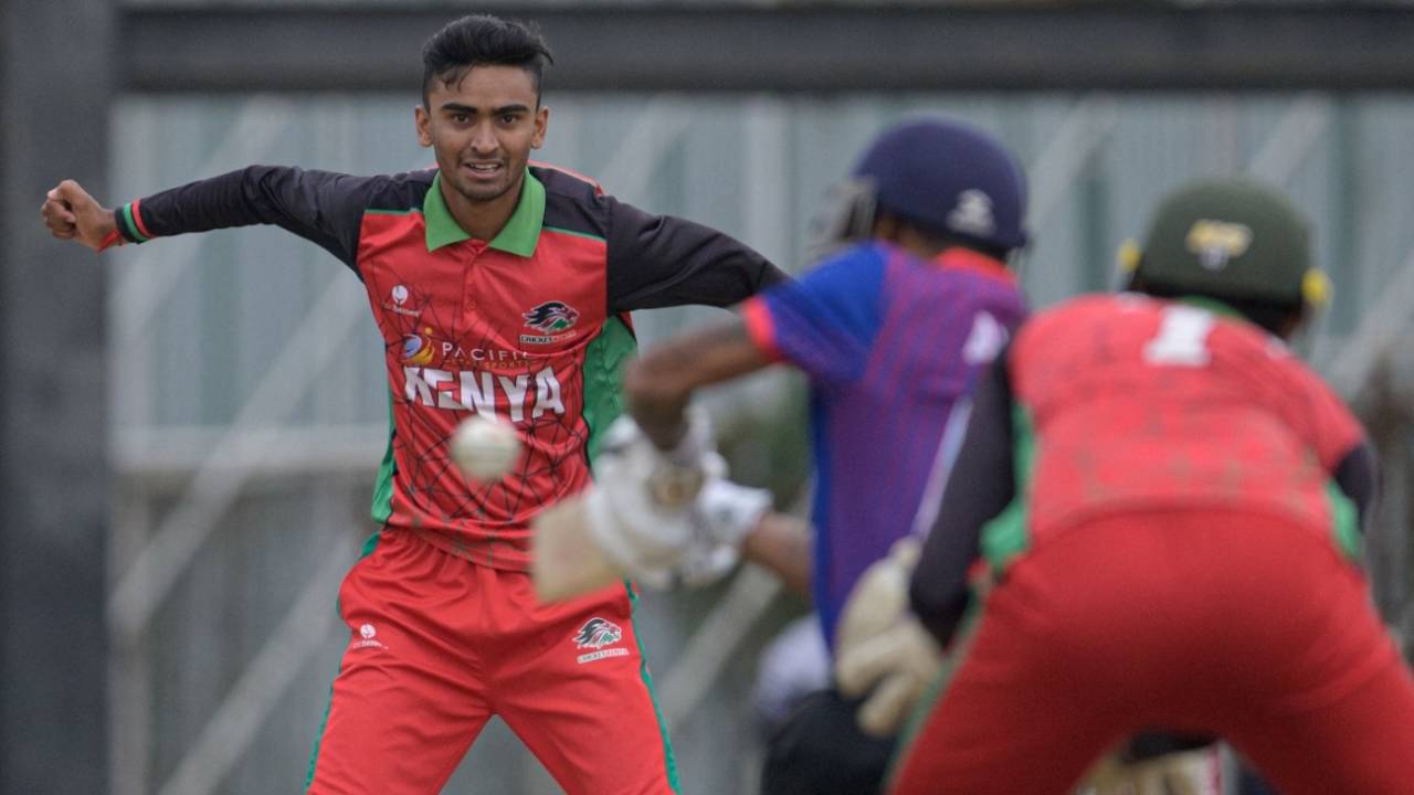 Vraj Patel of Kenya in action, Kenya vs Nepal, 1st T20I, Nairiobi (Gym), August 25, 2022