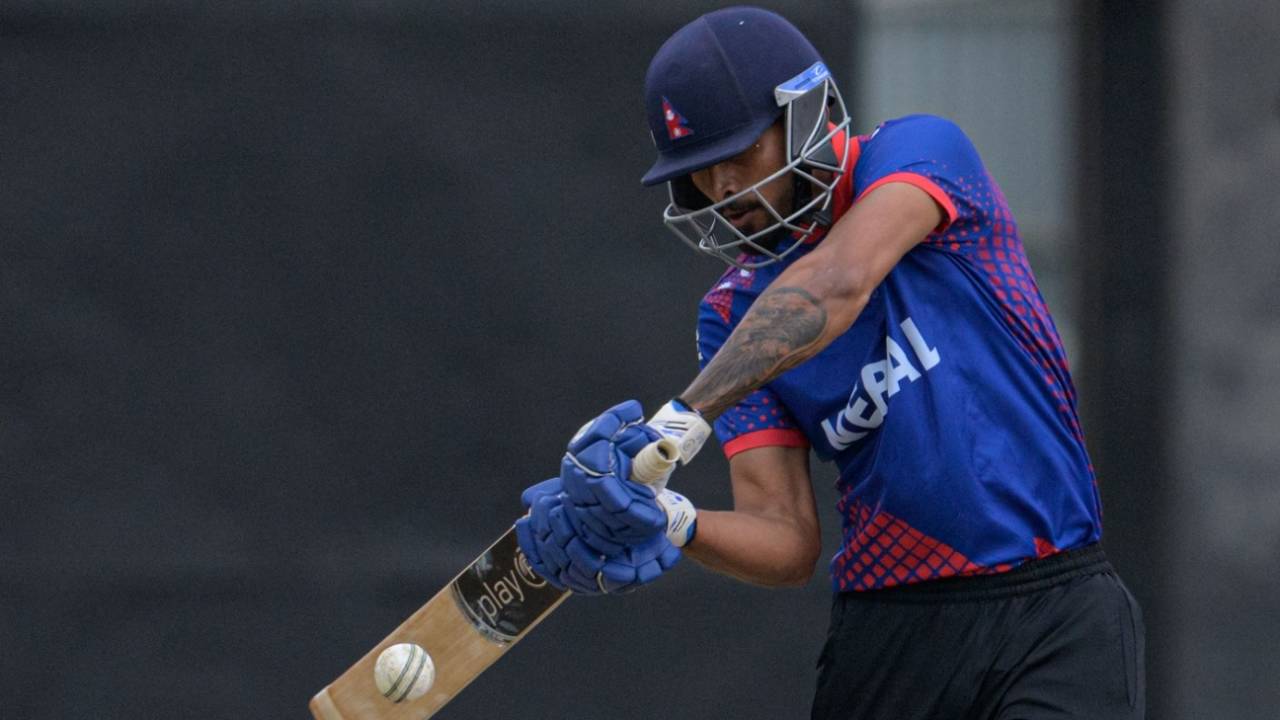 Pawan Sarraf drives on the up, Kenya vs Nepal, 2nd T20I, Nairiobi (Gym), August 26, 2022