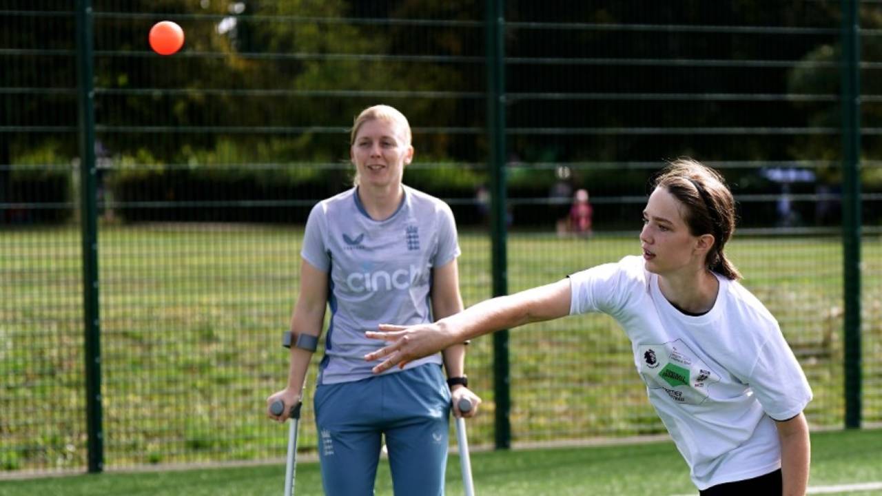 Heather Knight attends a Football Foundation event on crutches after recent hip surgery&nbsp;&nbsp;&bull;&nbsp;&nbsp;Getty Images
