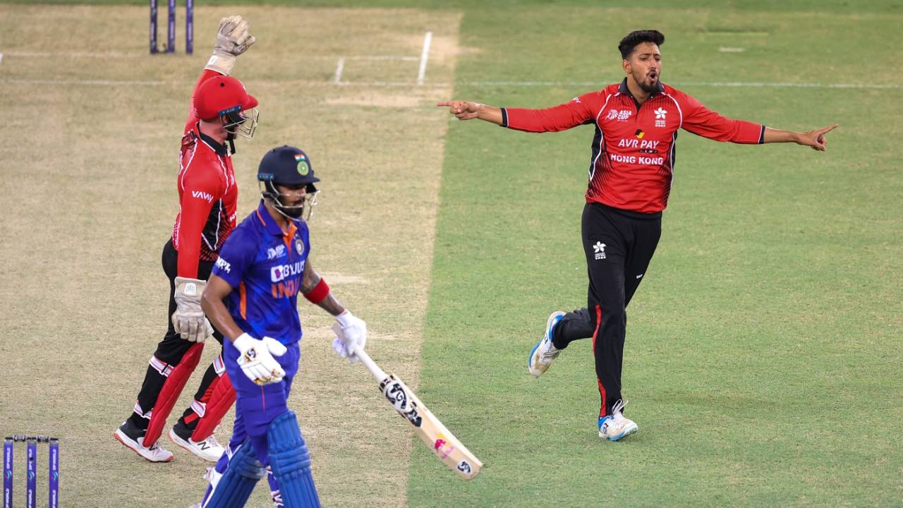 Mohammad Ghazanfar was rewarded with the wicket of KL Rahul, who fell for a scratchy 36, India vs Hong Kong, Asia Cup, Dubai, August 31, 2022