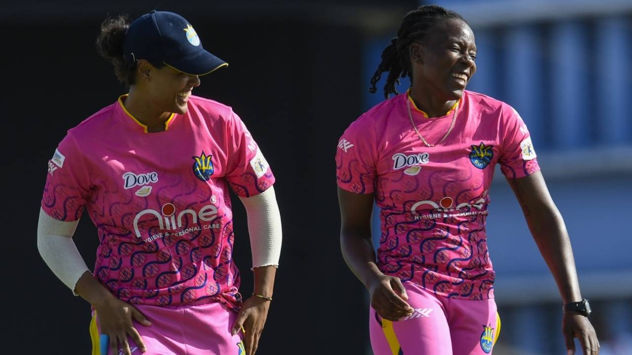 Picking up two wickets, Shakera Selman is all smiles alongside Chloe Tryon, Trinbago Knight Riders vs Barbados Royals, WCPL 2022, Basseterre, August 31, 2022