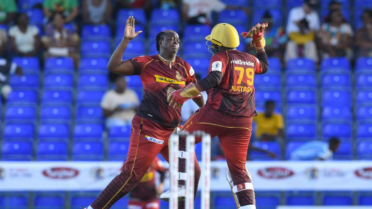Picking up two wickets, Shakera Selman is all smiles alongside Chloe Tryon, Trinbago Knight Riders vs Barbados Royals, WCPL 2022, Basseterre, August 31, 2022