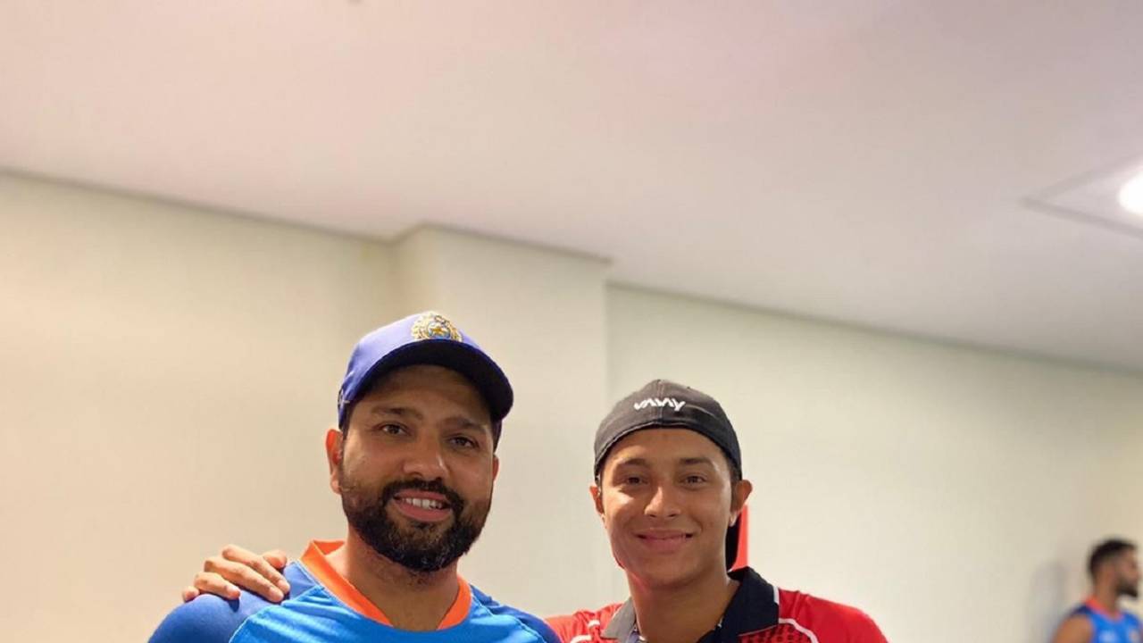 Ayush Shukla poses with Rohit Sharma, the man he dismissed in the sides' Asia Cup match, Dubai, August 31 2022