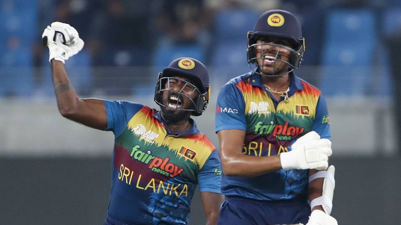 Asitha Fernando and Maheesh Theekshana celebrate victory, Bangladesh vs Sri Lanka, Men's T20 Asia Cup, Dubai, September 1, 2022