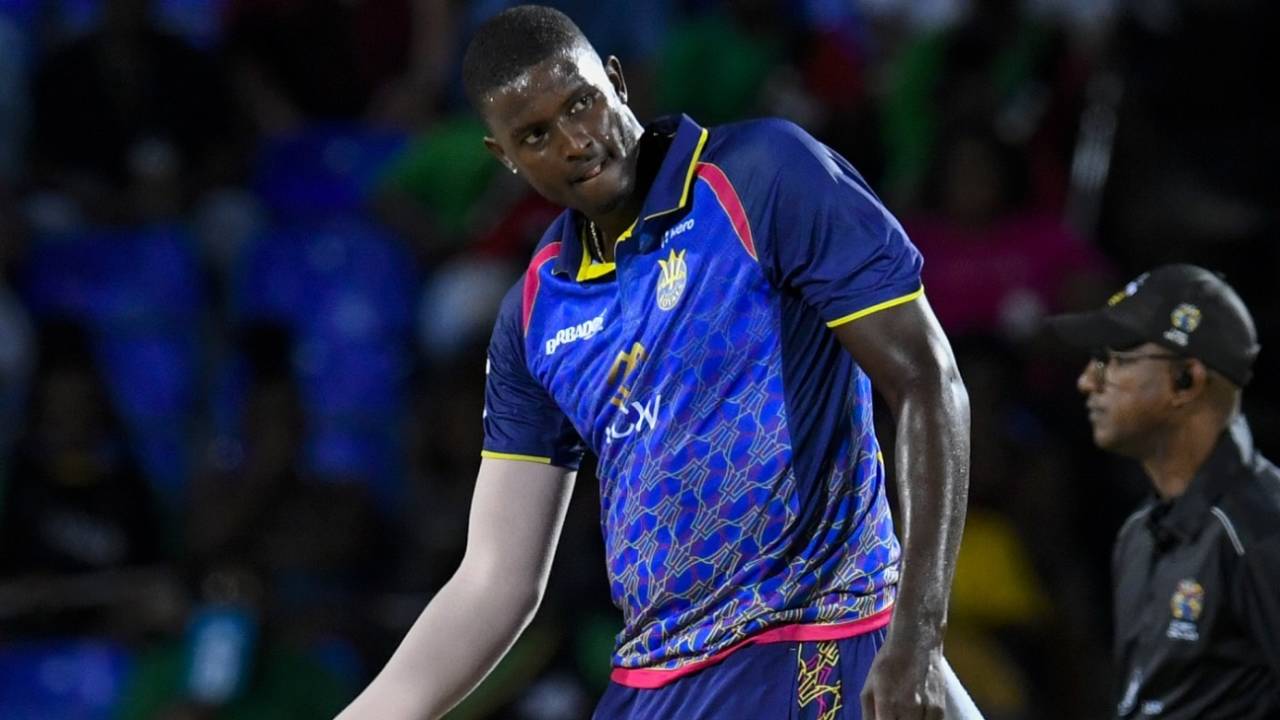 An impressive spell of bowling from Jason Holder saw him finish with 2 for 21 in three overs, Barbados Royals vs St Kitts and Nevis Patriots, CPL 2022, Basseterre, September 1, 2022