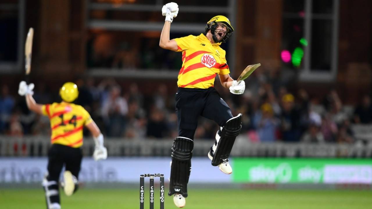 Lewis Gregory leaps in triumph after sealing the men's Hundred final, Trent Rockets vs Manchester Originals, Men's Hundred final, Lord's, September 3, 2022