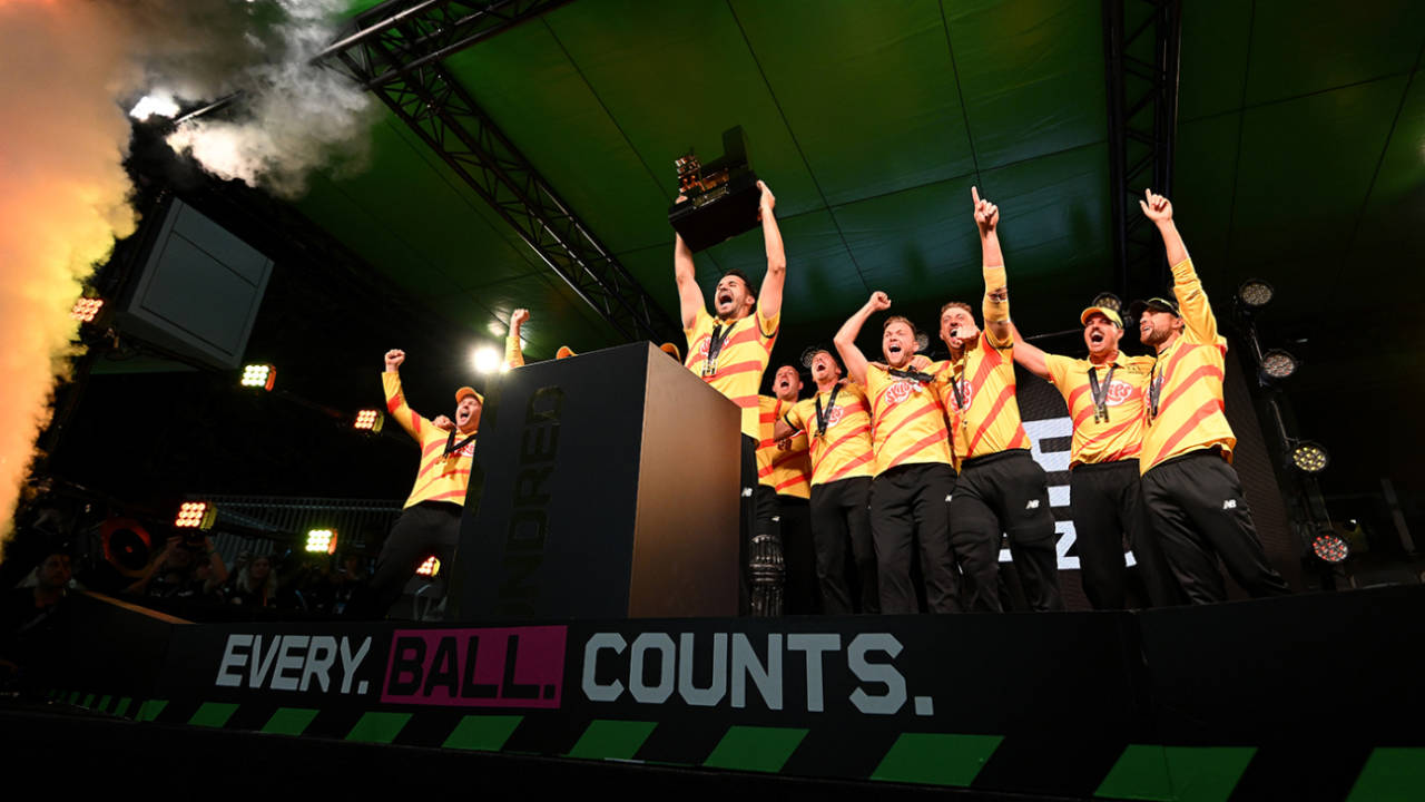 Lewis Gregory holds the Hundred trophy aloft, Trent Rockets vs Manchester Originals, Men's Hundred final, Lord's, September 3, 2022