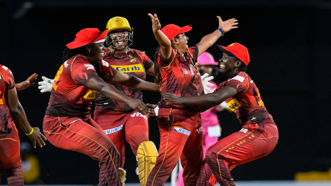 Anisa Mohammed is embraced by team-mates after taking the final wicket, Trinbago Women vs Barbados Women, WCPL final, Basseterre, September 4, 2022