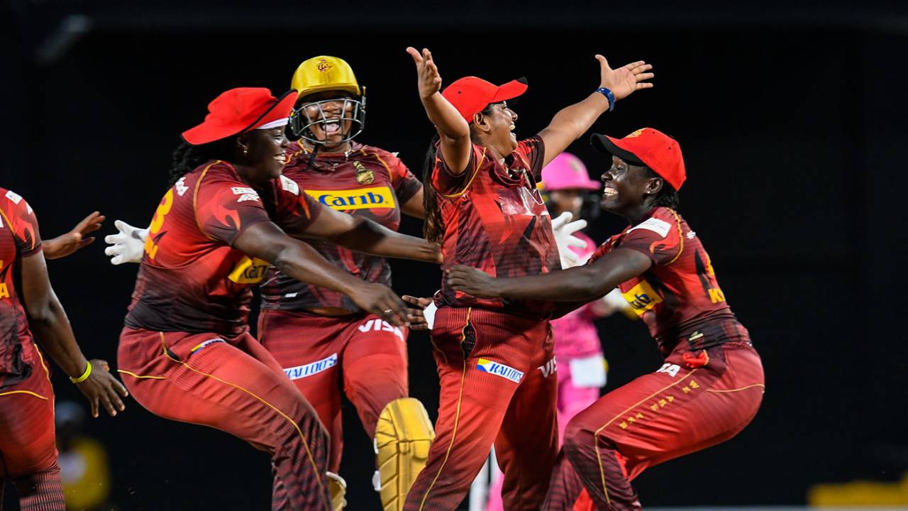 Anisa Mohammed is embraced by team-mates after taking the final wicket, Trinbago Women vs Barbados Women, WCPL final, Basseterre, September 4, 2022