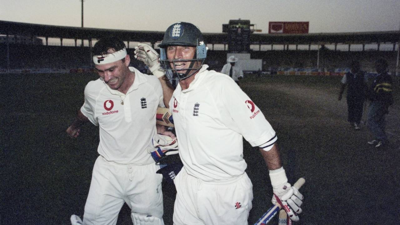 Graham Thorpe and Nasser Hussain celebrate England's win&nbsp;&nbsp;&bull;&nbsp;&nbsp;Laurence Griffiths/Getty Images