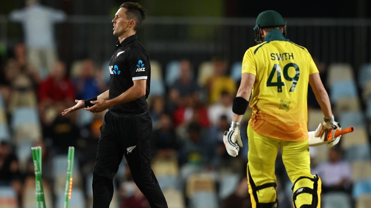 Trent Boult celebrates after making a mess of Steven Smith's stumps, Australia vs New Zealand, 1st ODI, Cairns, September 6, 2022