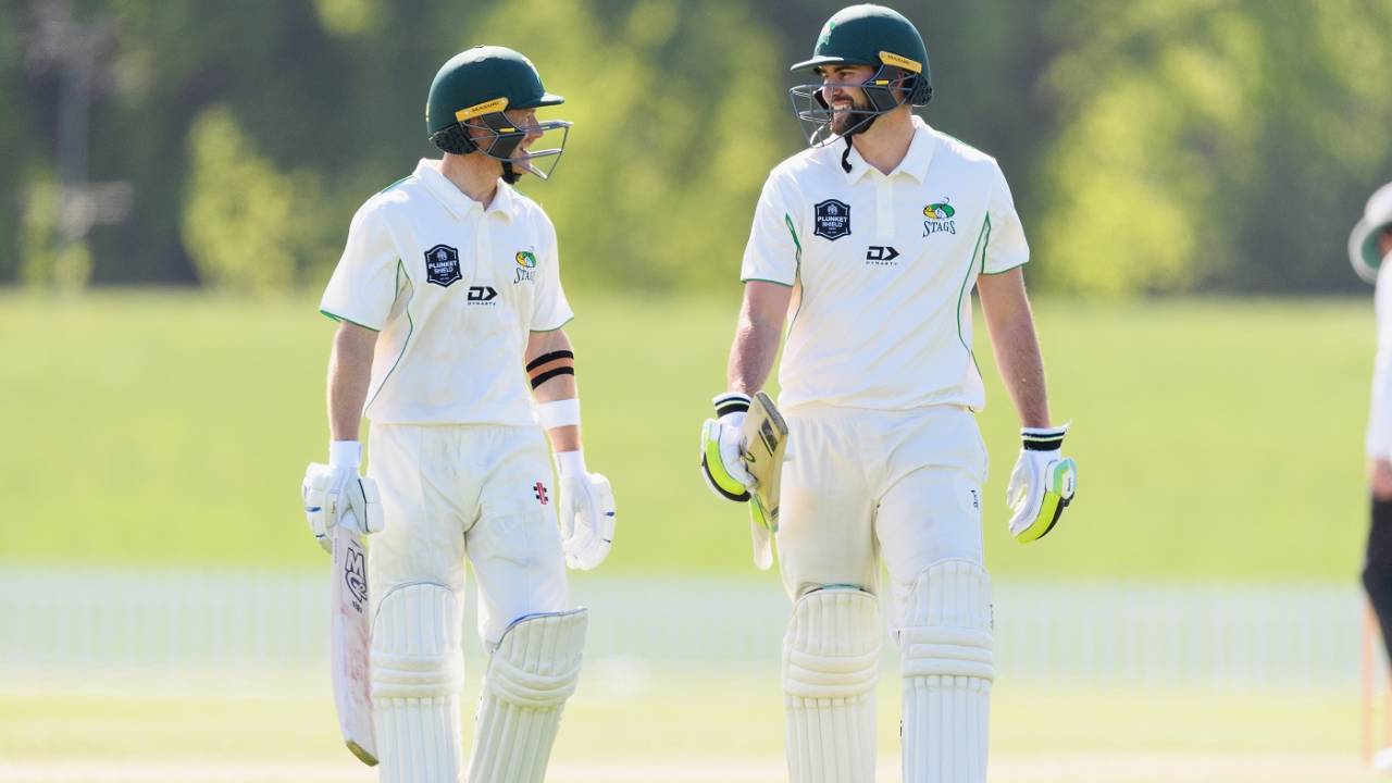Greg Hay and Tom Bruce walk back at the tea break, Canterbury vs Central Districts, Christchurch, 3rd day, Plunket Shield, October 25, 2021