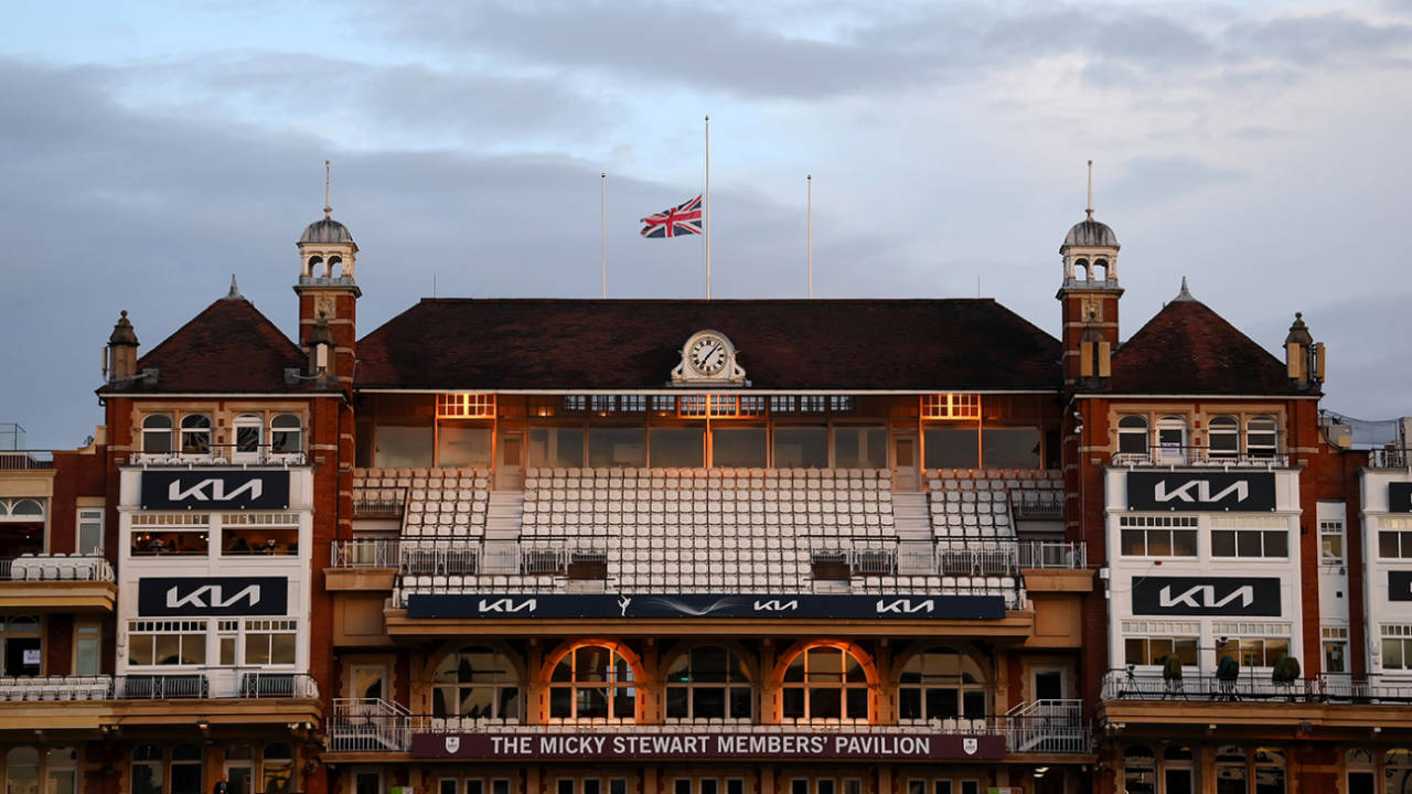 The Union flag flies at half-mast above the Oval pavilion&nbsp;&nbsp;&bull;&nbsp;&nbsp;Surrey CCC/Getty Images